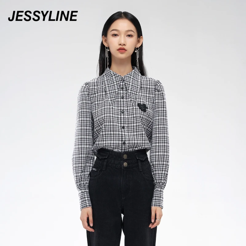 jessyline 秋季新款杰茜莱格子衬衫女黑白格纹春秋内搭通勤潮长袖