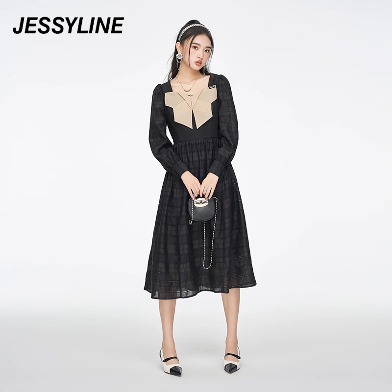 jessyline春新款 杰茜莱收腰中长款连衣裙女时尚