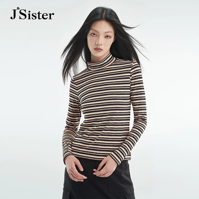 jsister 秋季新品 JS女装时尚条纹半高领修身打底针织上衣