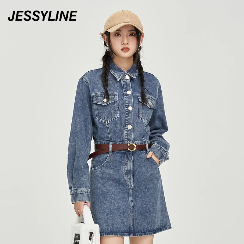 jessyline 杰茜莱时尚修身牛仔连衣裙秋季新款