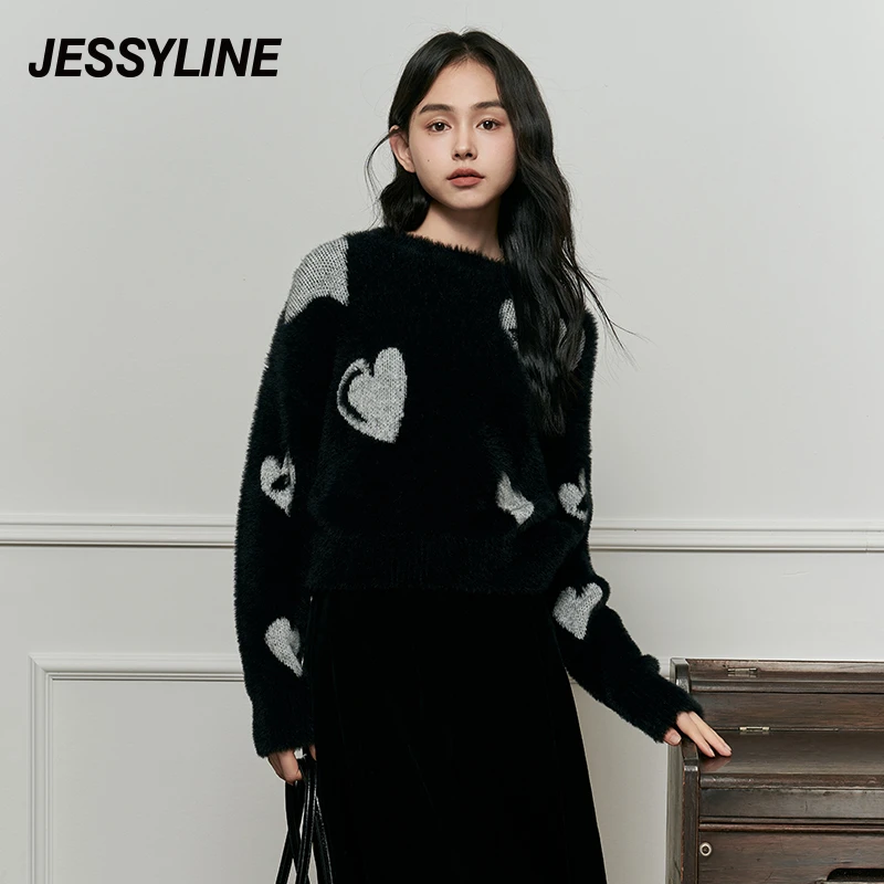 jessyline杰茜莱秋装新款黑色爱心减龄显瘦套头针织衫女毛衣