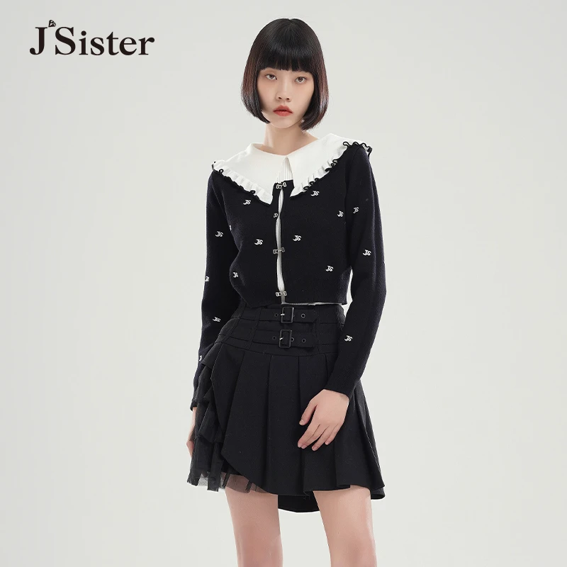 jsister 冬装新款 JS女装时尚黑白气质针织衫 S245204536长袖拼接