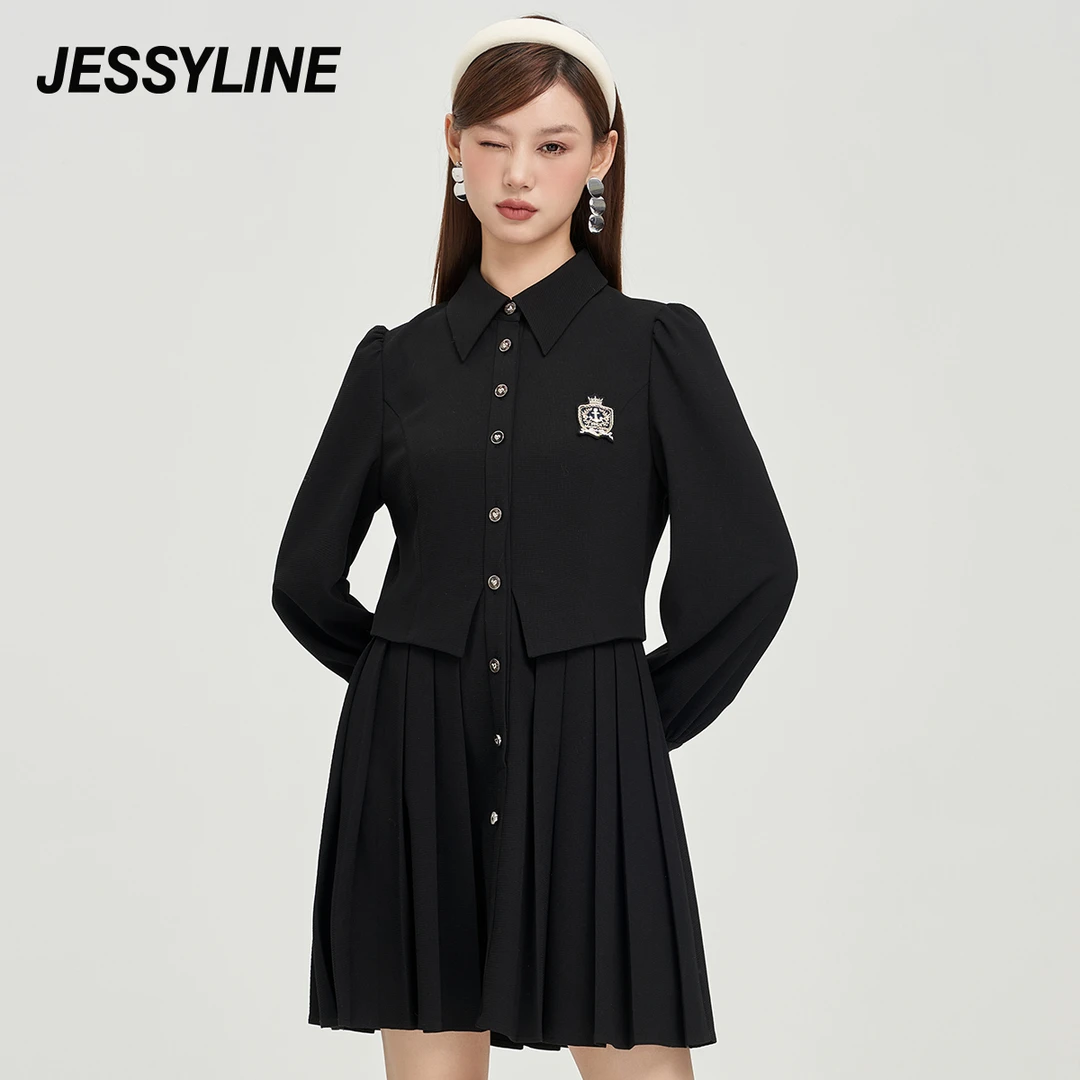 jessyline秋季新款女装 杰茜莱黑色修身显瘦连衣裙 341211302