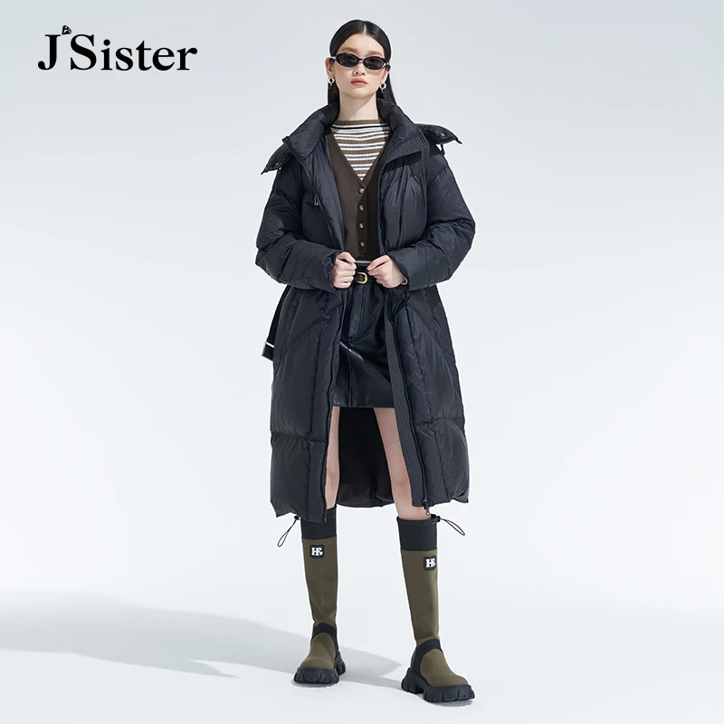 jsister 冬装新款 JS女装时尚黑色流行长款羽绒服 S342208073