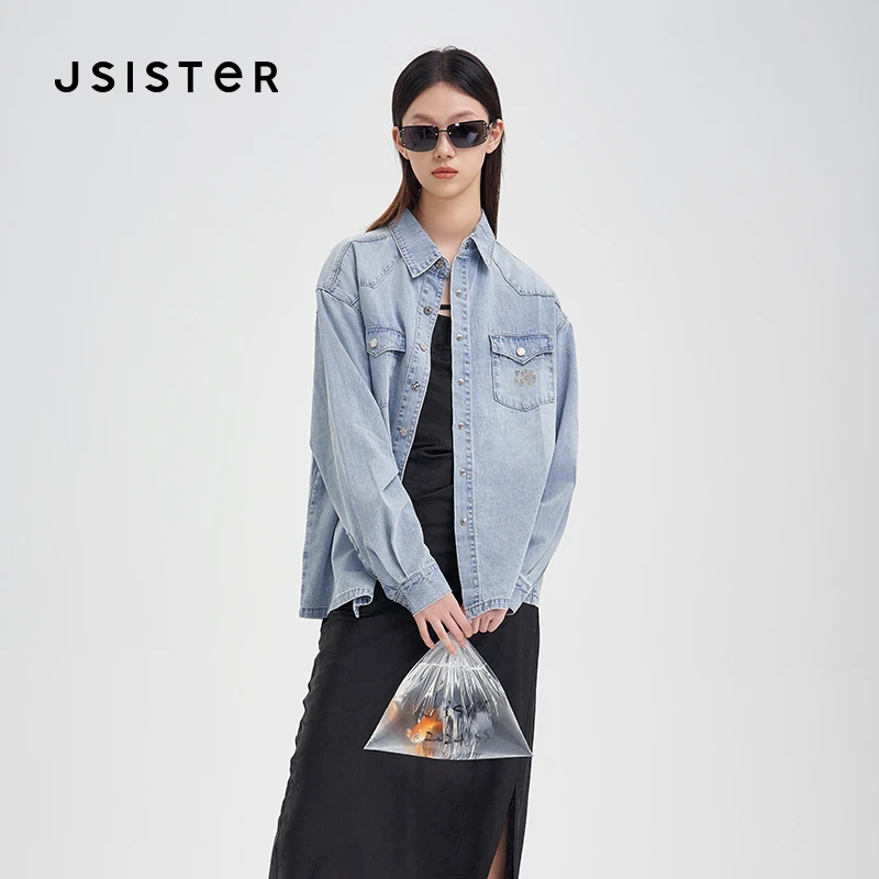 jsister 早秋新款 JS女装时尚浅蓝牛仔衬衫潮 S413102122