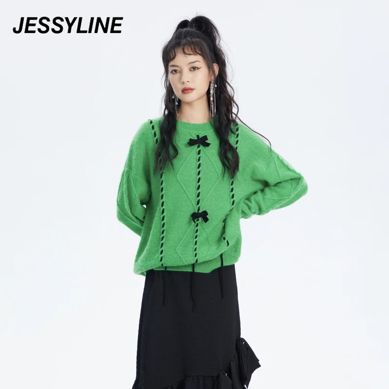 jessyline冬季新品 杰茜莱时尚绿色套头针织衫圆领慵懒百搭小众