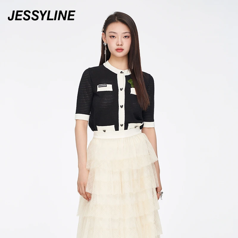 jessyline夏季新款 杰茜莱黑色短薄款针织衫女圆领 321204206