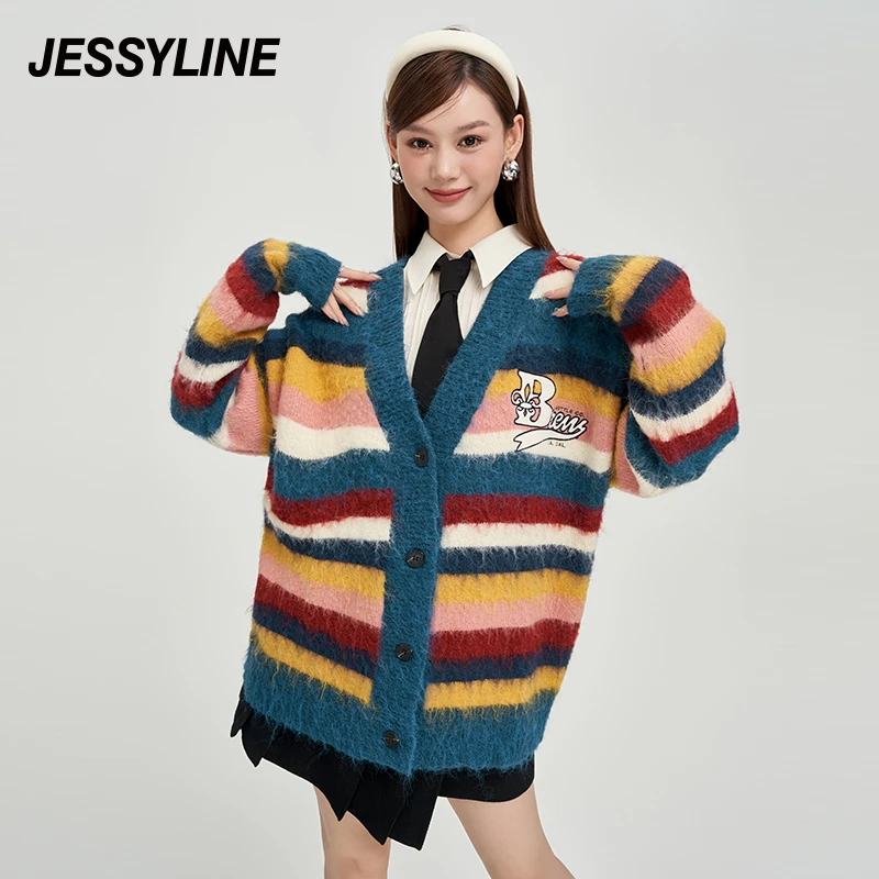 jessyline秋季新款女装 杰茜莱条纹v领针织开衫女 341204285
