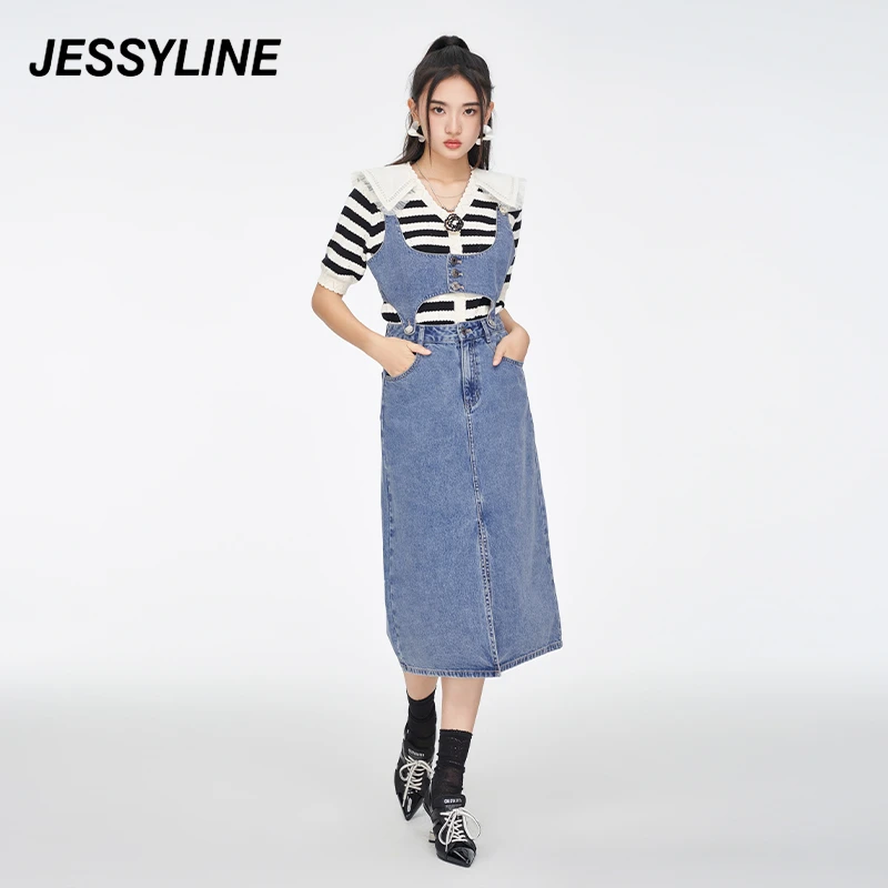 jessyline秋季新款 杰茜莱时尚蓝色牛仔背带裙纯色简约百搭