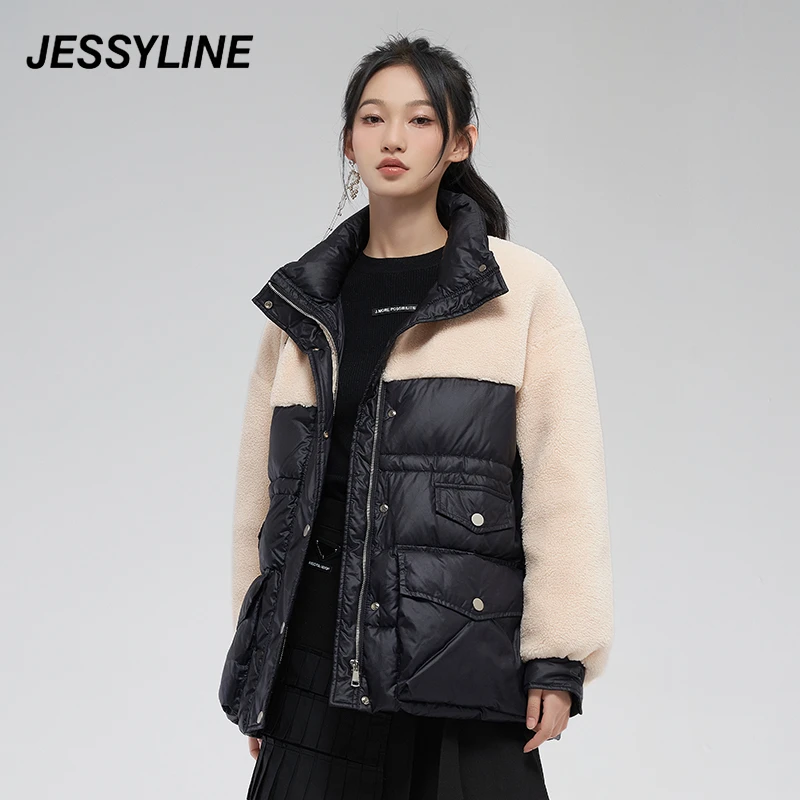 jessyline 羽绒服冬季新品杰茜莱毛绒中长款女款拼接
