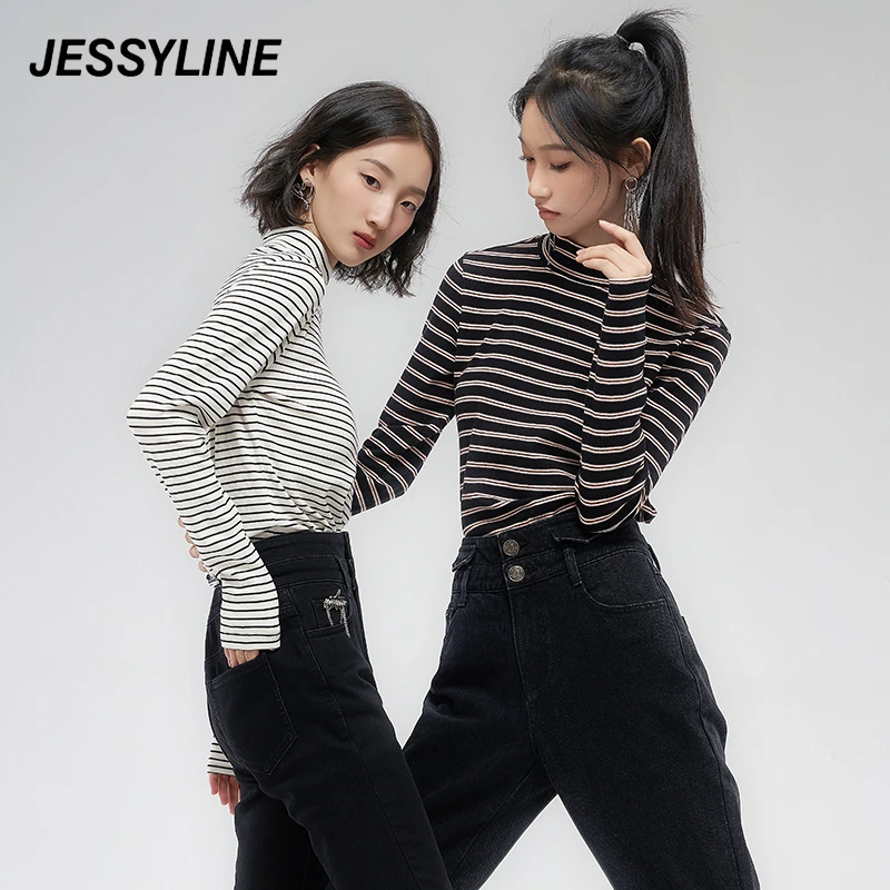 jessyline 美拉德穿搭T恤秋新款杰茜莱刺绣条纹打底衫百搭
