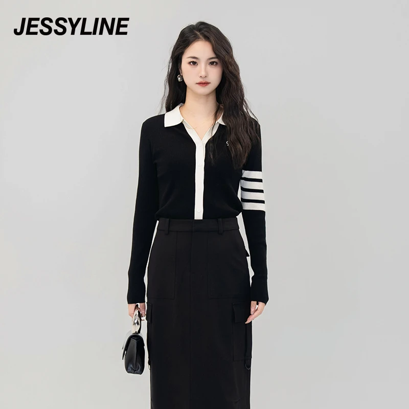 Jsister 秋季新款JS简约撞色黑色针织衫学院风减龄