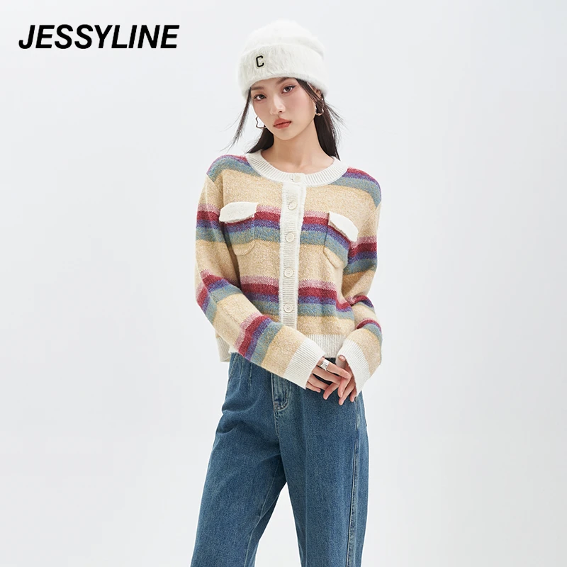jessyline秋季新款女装 杰茜莱拼色条纹针织开衫女 345104402