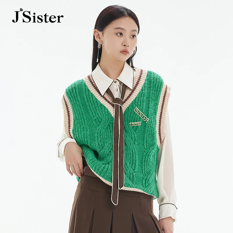 jsister 早春新款 JS女装绿色学院风针织马甲 S333104164