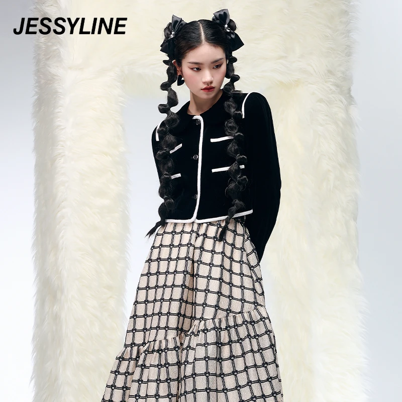 jessyline杰茜莱 秋季新款黑白立体花朵包边针织衫开衫女小众名媛