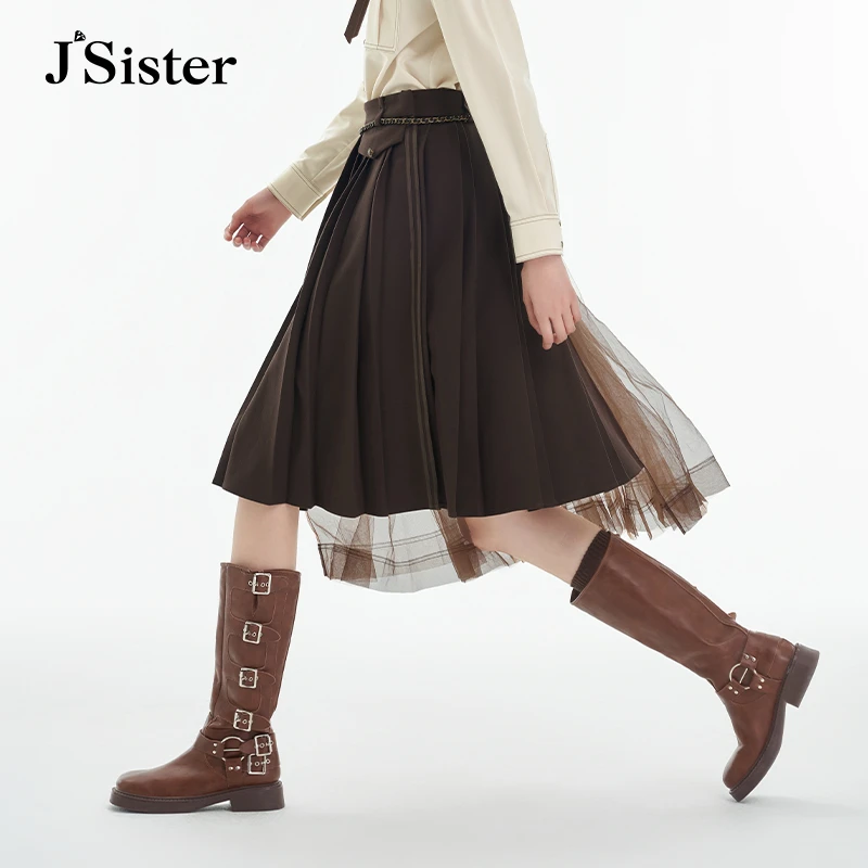 jsister 秋装新款 JS女装时尚深咖拼接流行百褶裙 S341112267