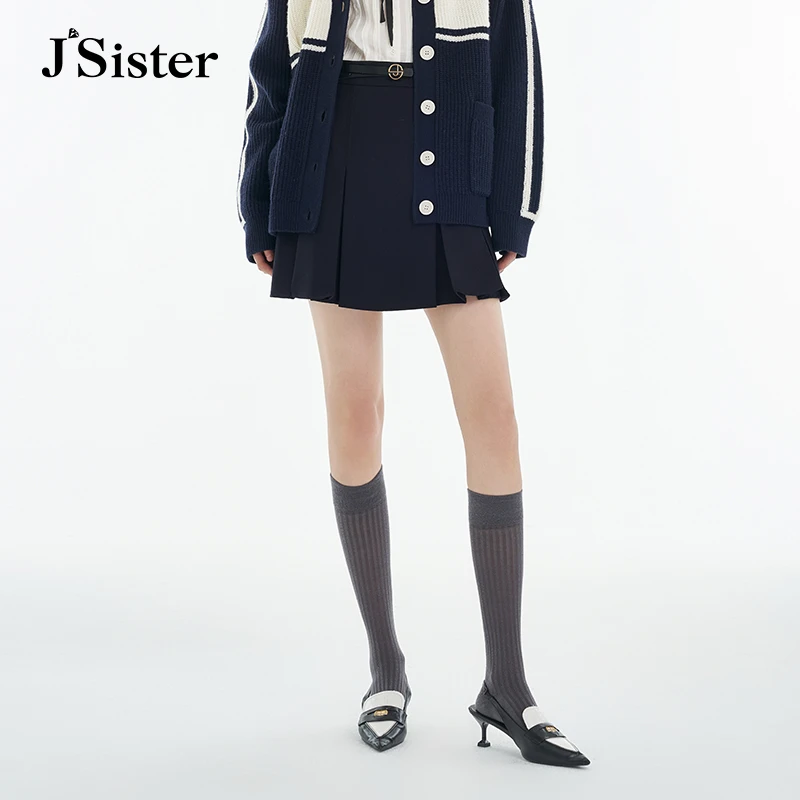 jsister JS女装时尚藏青色压褶百搭短裙秋季新款