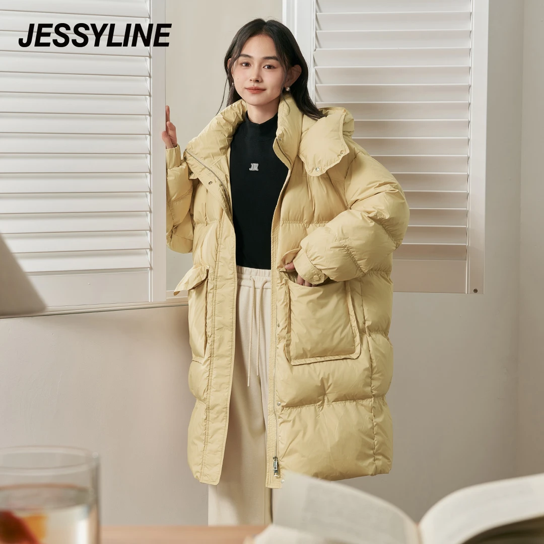 jessyline 冬季新款 杰茜莱纯色中长款羽绒服外套女简约经典