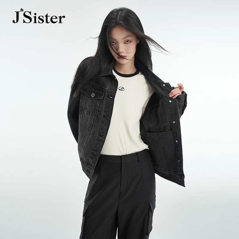 Jsister 秋季新款 JS黑色水洗牛仔服外套夹克衫复古百搭简约