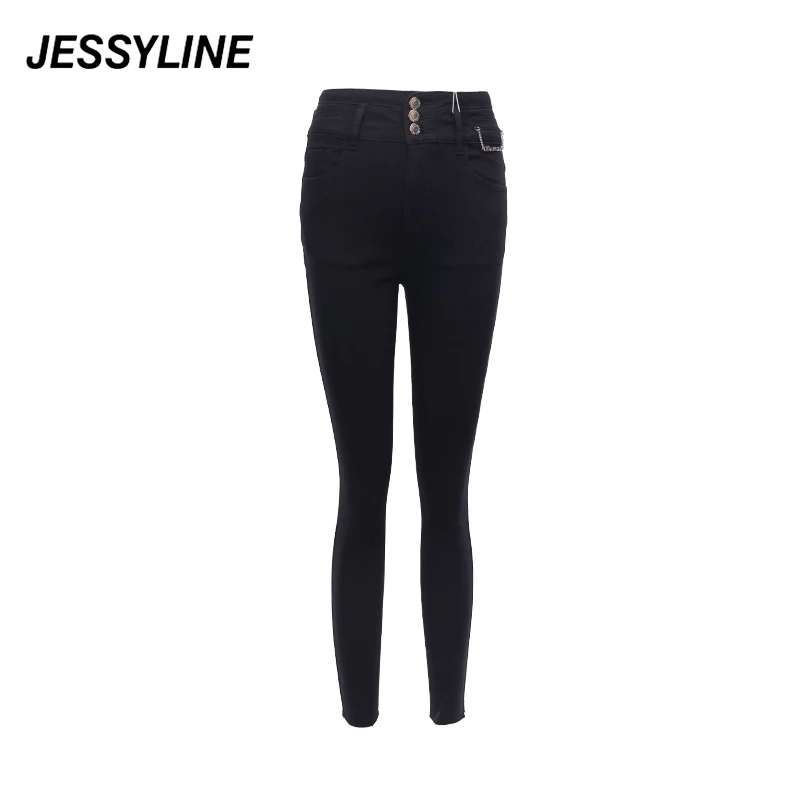jessyline冬季新品杰茜莱黑色修身小脚牛仔裤百搭休闲简约百搭潮