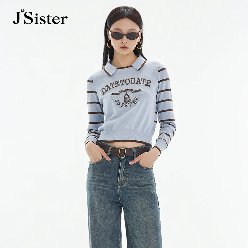 jsister JS女装时尚浅蓝条纹针织衫 S331204058秋季新款