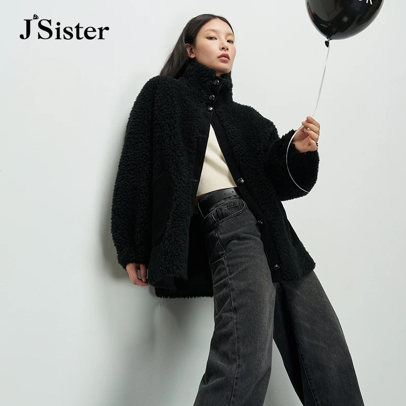 JS黑色羊毛大衣防寒毛呢外套Jsister冬季新款黑色