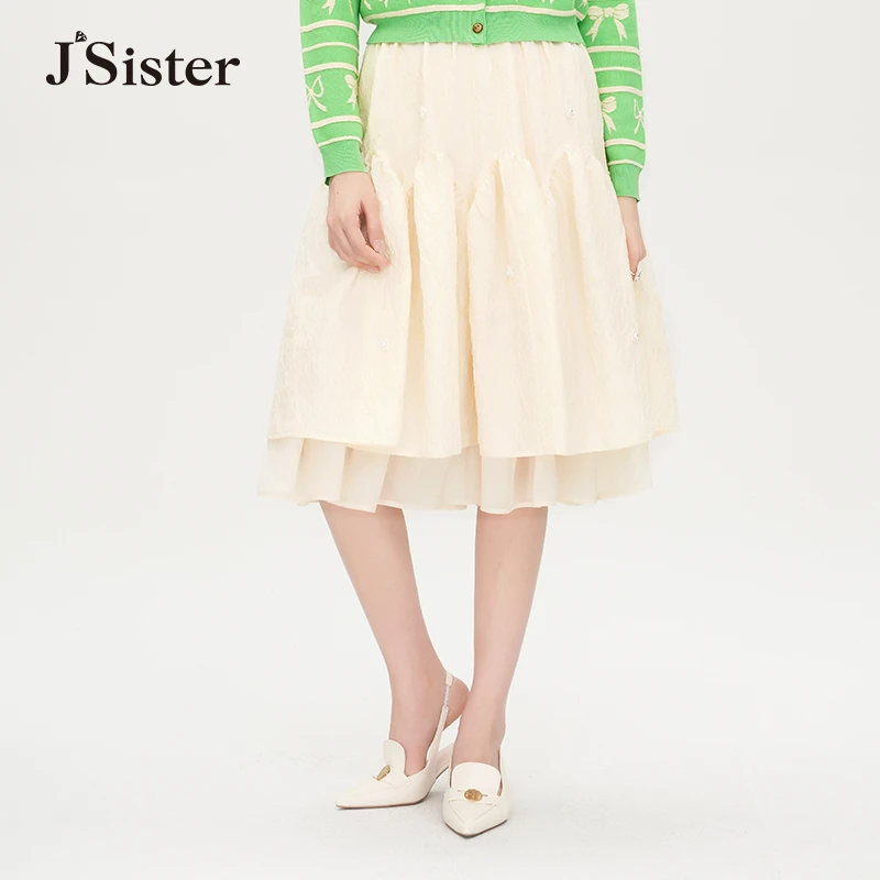 jsister 夏新款 JS女装时尚杏色欧根纱中裙 S312112063