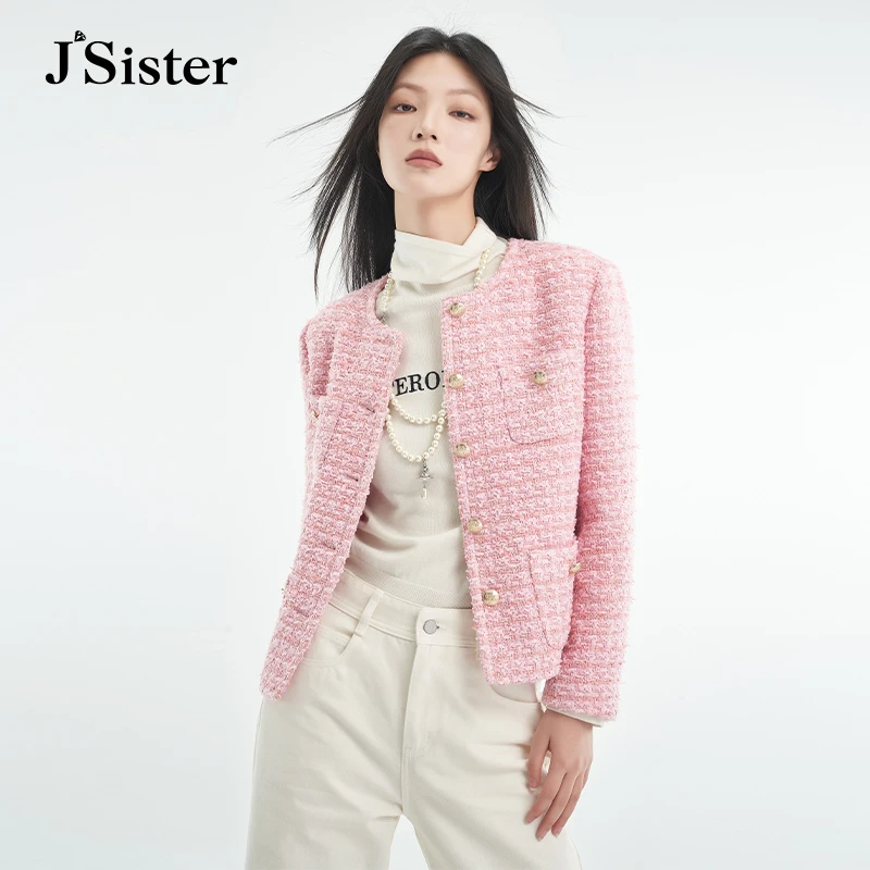 jsister 秋季新品 JS女装时尚粉红金属扣小香风毛呢短外套