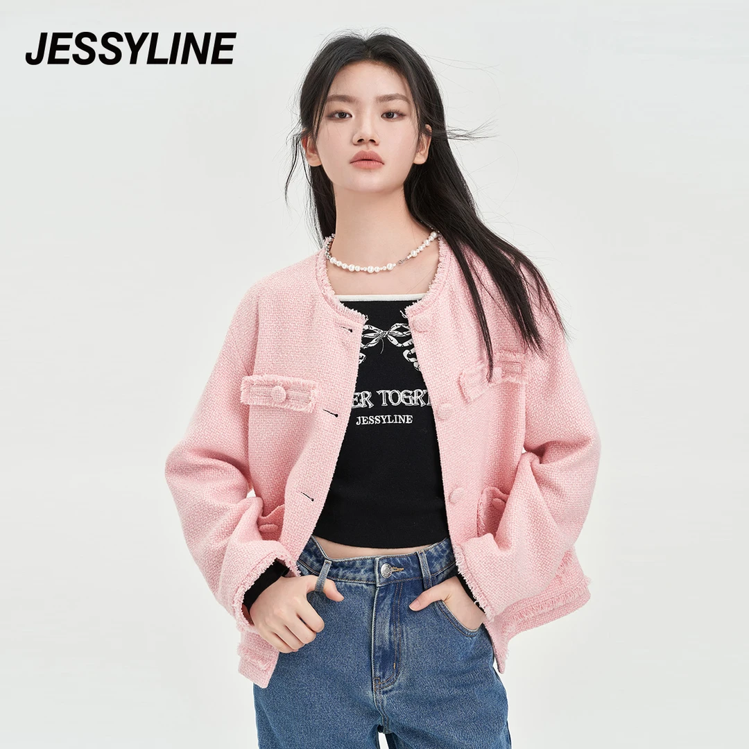杰茜莱时尚粉色小香风百搭外套秋季新款 jessyline