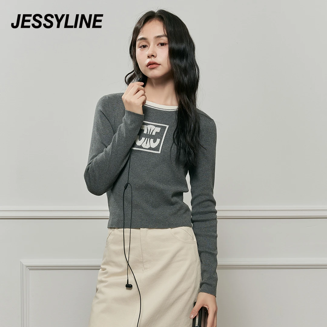 jessyline 秋季新款 杰茜莱简约灰色针织衫打底衫上衣女