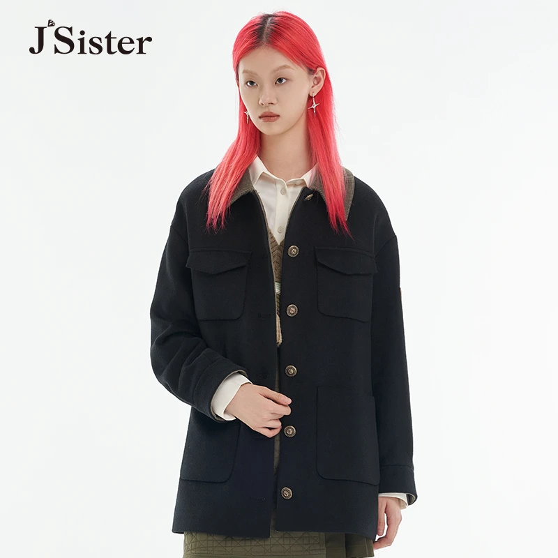 jsister 秋装新款 JS女装时尚黑色流行翻领外套潮 S333207198