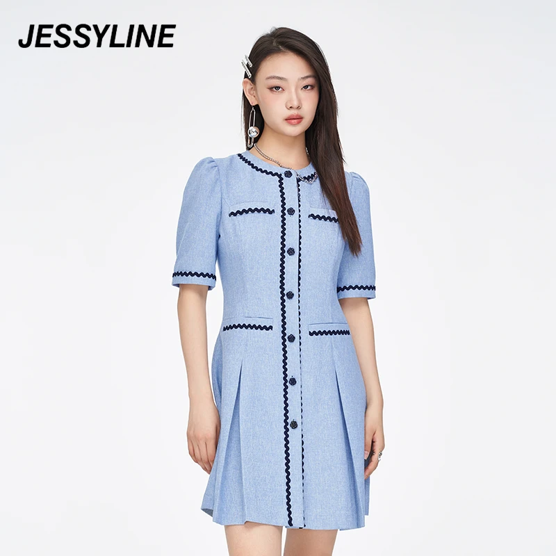 杰茜莱蓝色收腰衬衫连衣裙时尚jessyline夏夏新款