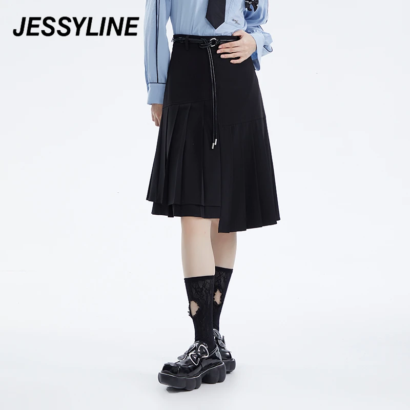 周洁琼同款 jessyline春季新款杰茜莱半身裙黑色不规则显瘦设计感
