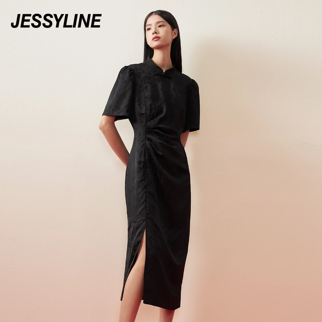 jessyline杰茜莱夏季新款黑色新中式收腰显瘦气质短袖连衣裙