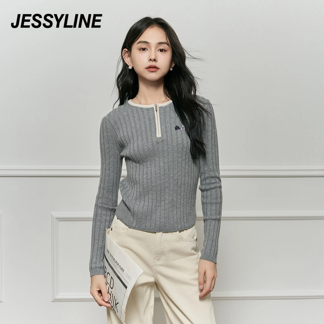 jessyline 秋季新款 杰茜莱灰色针织衫套头毛衣打底秋冬穿搭