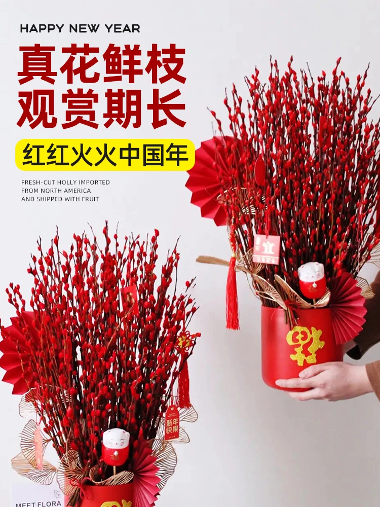 招财银柳干花真花鲜枝植物红色银柳花瓶年宵花卉福桶客厅室内装饰