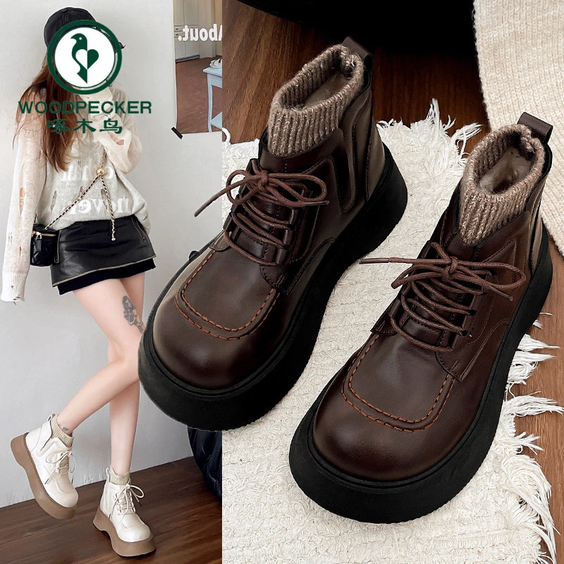 啄木鸟马丁靴女英伦风2024年秋冬新款圆头森系复古短靴带袜大头鞋