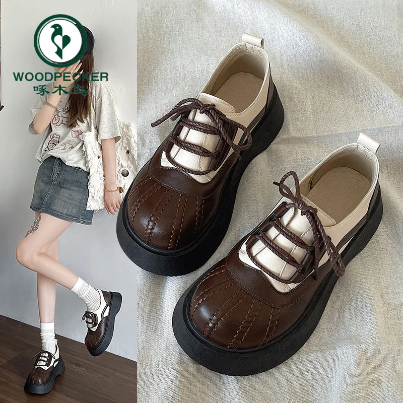 啄木鸟贝壳头小皮鞋女春秋厚底增高学生超火美拉德玛丽珍鞋学院风