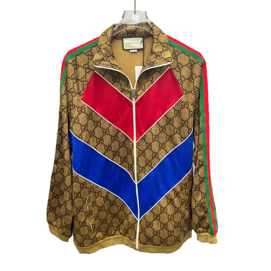 全新未使用 Gucci古驰 经典GG平纹针织 满印校服拉链拼色外套 S码