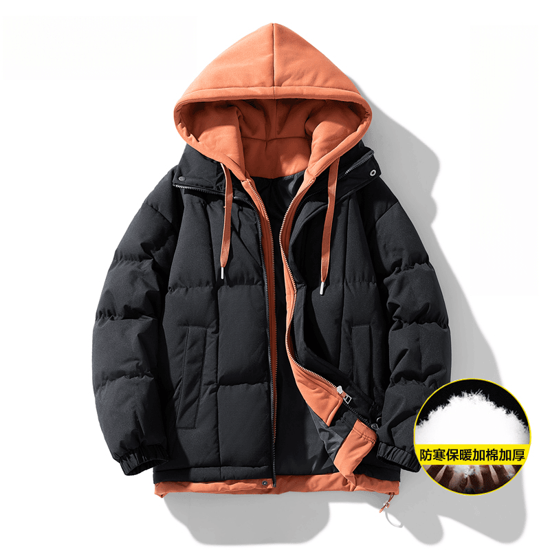 2024爆款户外假两件连帽黑色棉衣男士秋冬宽松防寒保暖棉袄外套女
