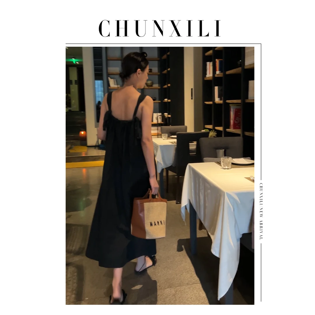 CHUNXILI/绑带亚麻连衣裙 夏季小众设计感气质吊带裙B23078