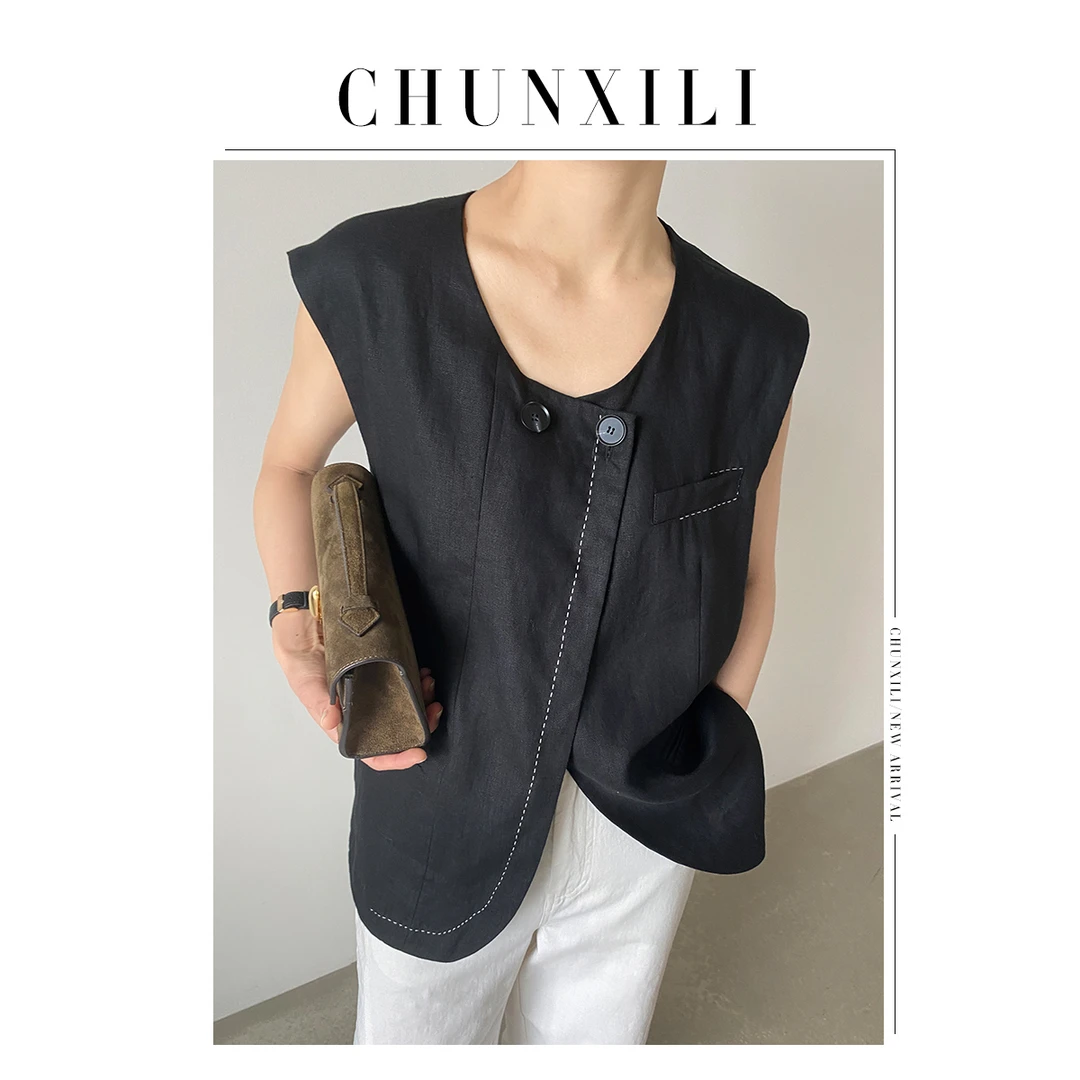 CHUNXILI/撞色线马甲衬衫 小众设计感无袖调性松弛感亚麻圆S23123