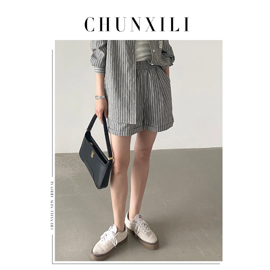 CHUNXILI/欧美博主风条纹短裤 极简风时尚大气复古K23031