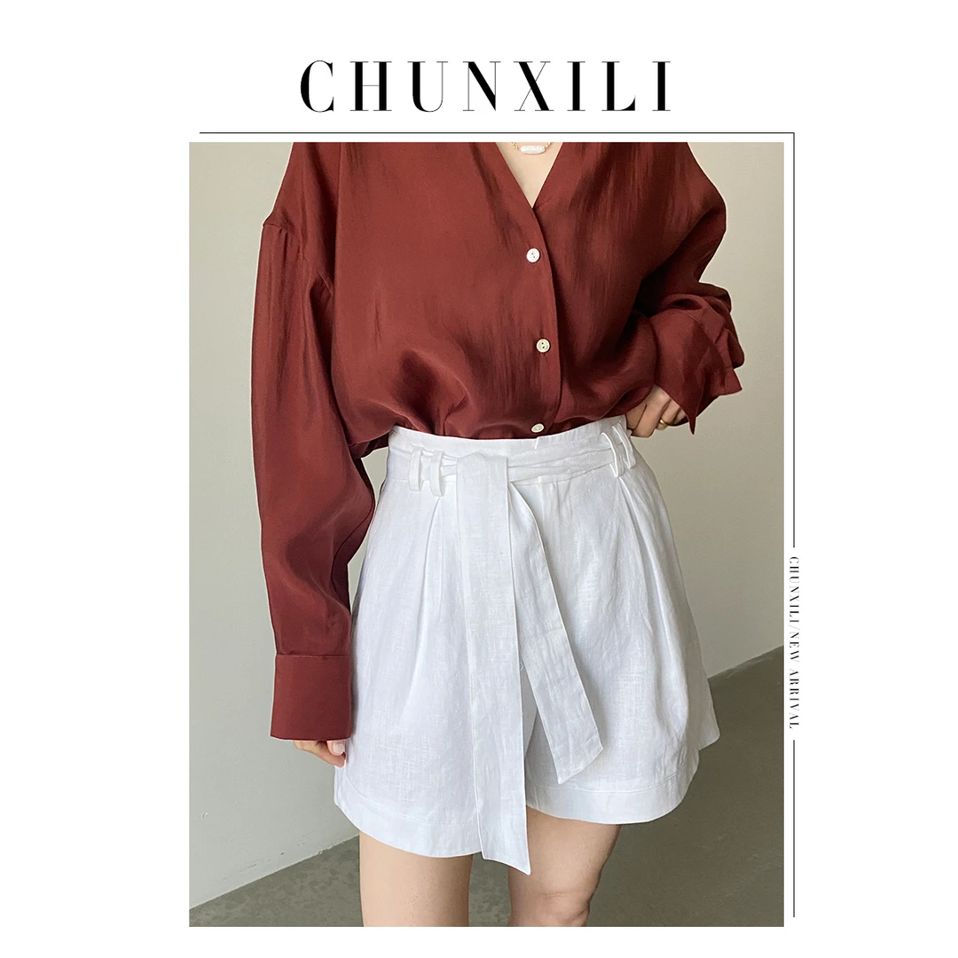 CHUNXILI/系带亚麻短裤  夏季小众复古休闲宽松显瘦四分阔K23050