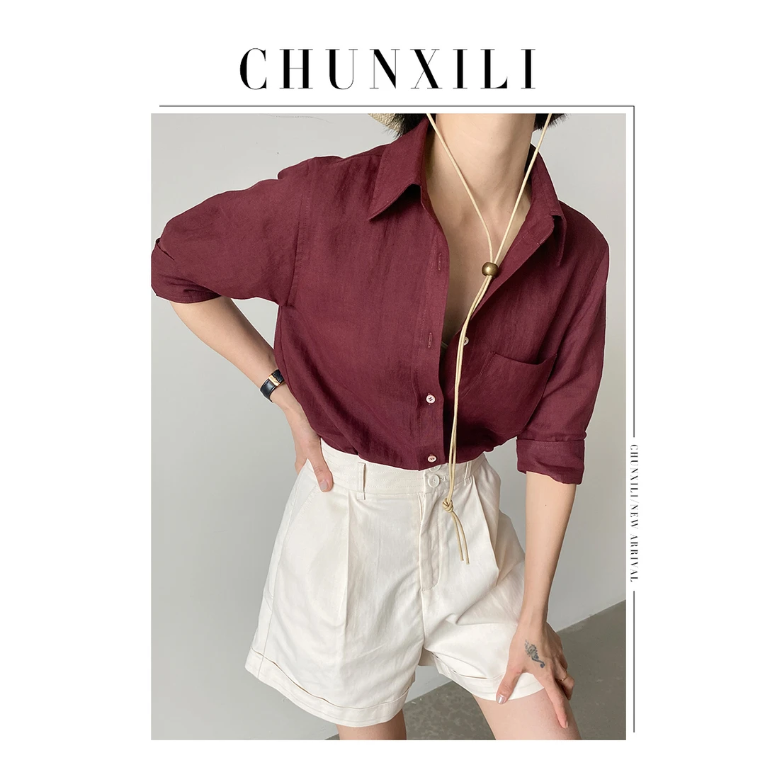CHUNXILI/苎麻单口袋酒红衬衫 小众设计感气质休闲百搭翻S23125