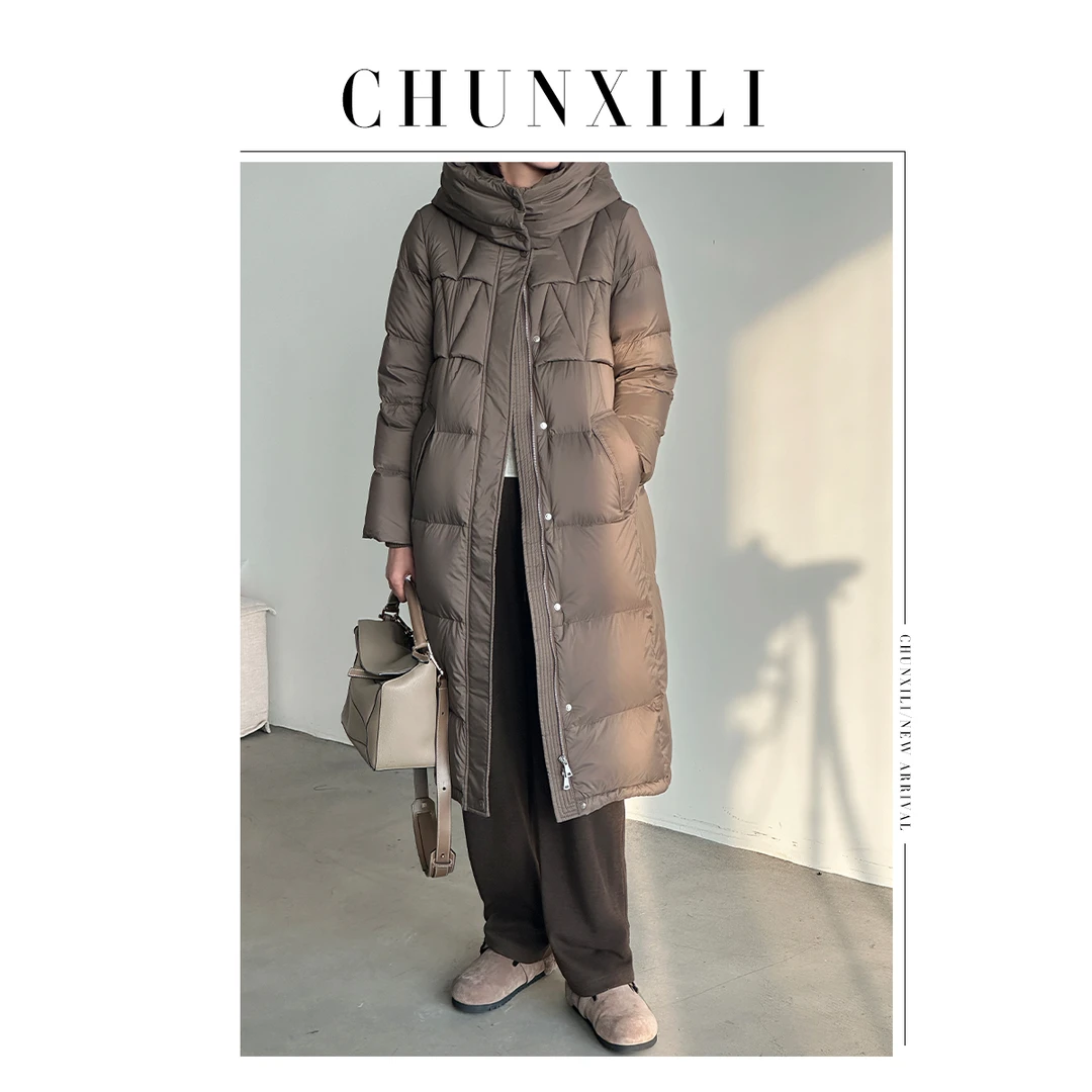 CHUNXILI/重磅95白鹅绒极简连帽羽绒服 时尚休闲过膝长款鹅绒服