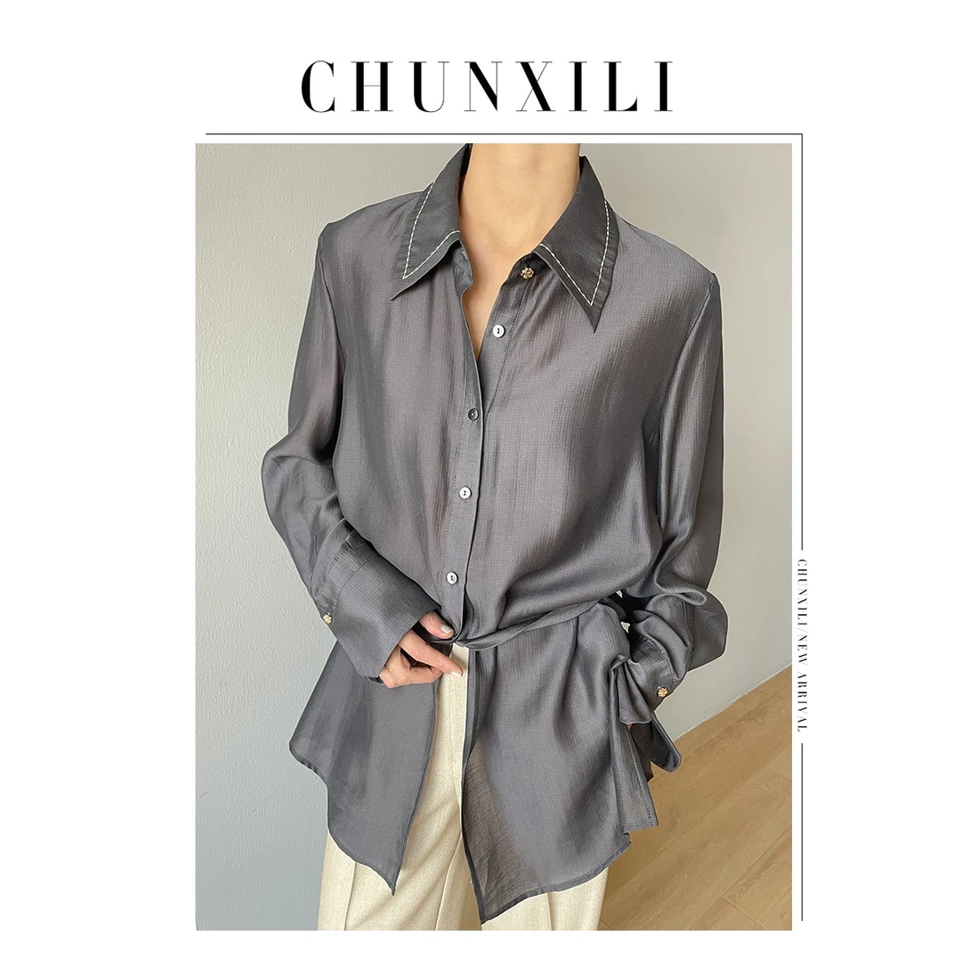 CHUNXILI/小众气质设计感衬衫 纯色时尚轻奢长袖翻领上衣S23006