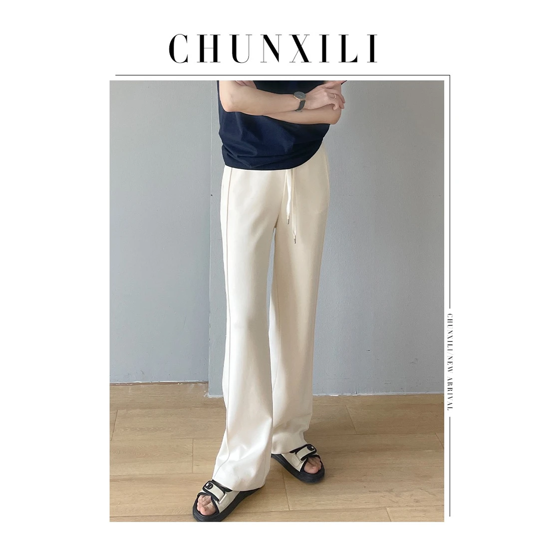 CHUNXILI/ 直筒抽绳休闲长裤 宽松纯色高腰显瘦拖地裤女K23011