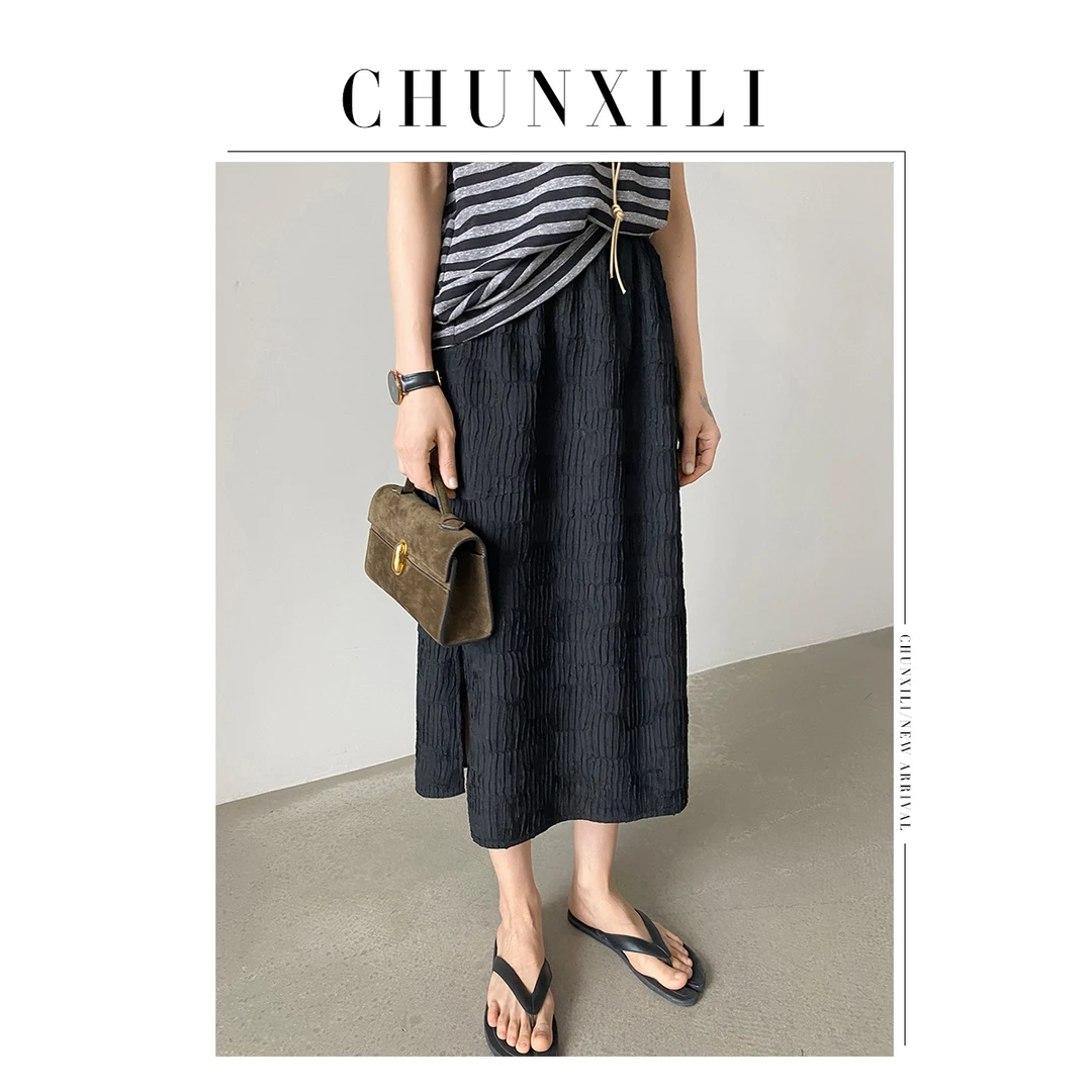 CHUNXILI/压纹开衩半裙 夏季高腰显瘦复古气质褶皱设计感半B23012
