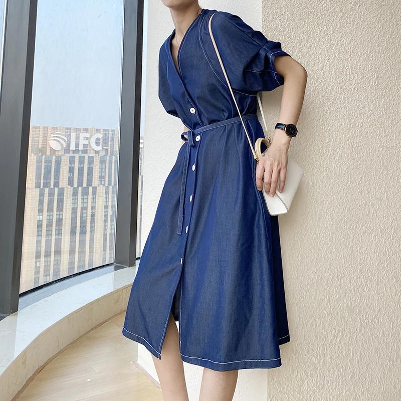CHUNXILI/ L21038-LA-S V领撞色线牛仔连衣裙L21038